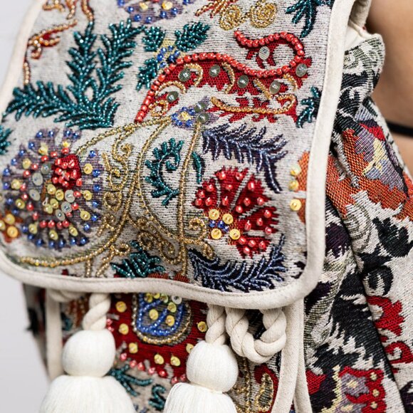 Handmade Boho Chic Backpack - Charming Jacquard Flower Pattern - Fine Cotton - Picture 8 of 11